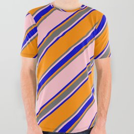 [ Thumbnail: Pink, Blue, Dark Orange, and Dim Gray Colored Pattern of Stripes All Over Graphic Tee ]