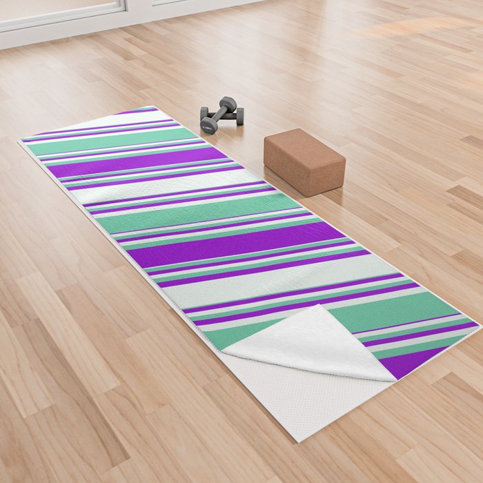 Aquamarine, Dark Violet, and Mint Cream Colored Stripes/Lines Pattern Yoga Towel