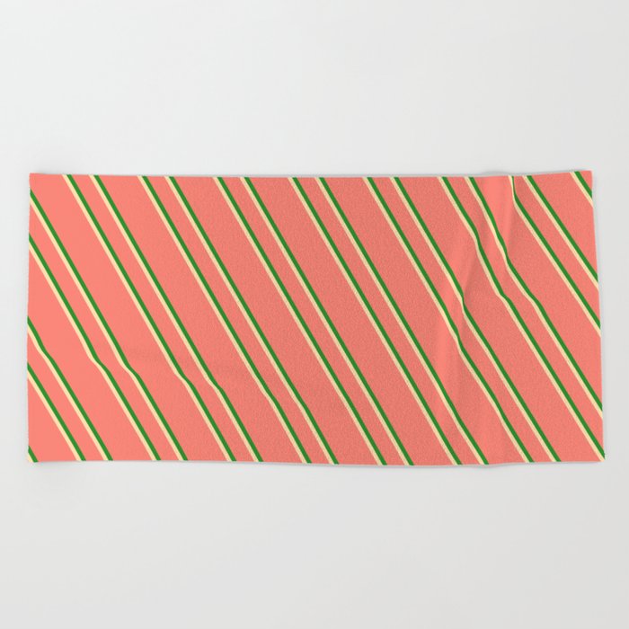 Salmon, Forest Green & Tan Colored Stripes Pattern Beach Towel
