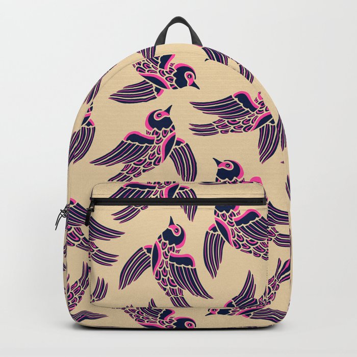 BIRDS FLYING HIGHER in DARK BLUE AND PINK ON SAND Backpack
