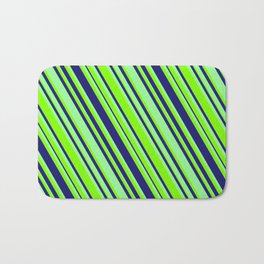 [ Thumbnail: Midnight Blue, Green & Chartreuse Colored Lined/Striped Pattern Bath Mat ]