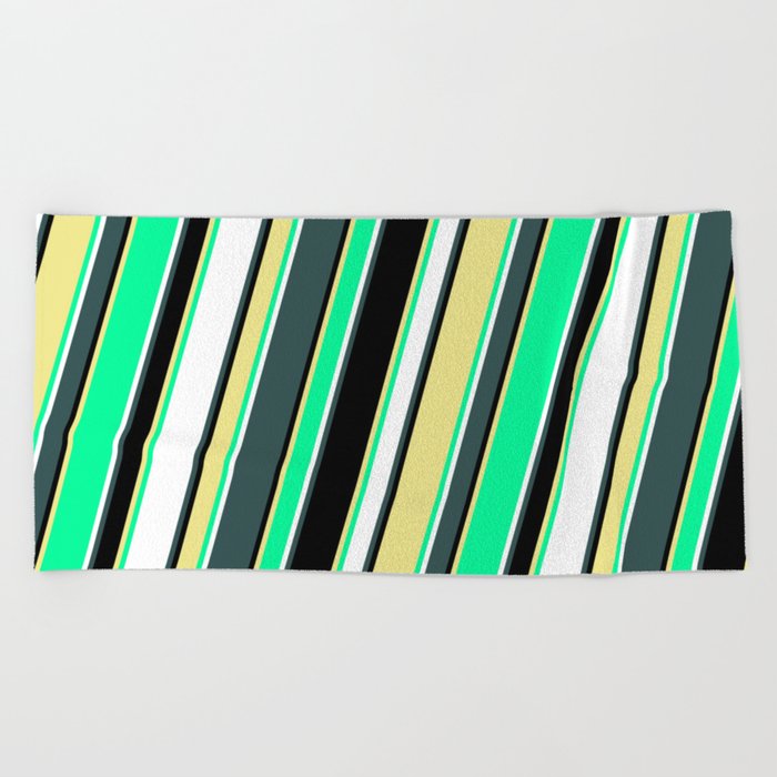 Dark Slate Gray, Black, Tan, Green, and White Colored Lines Pattern Beach Towel