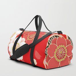 Japanese Vintage Red Black White Floral Kimono Pattern Duffle Bag