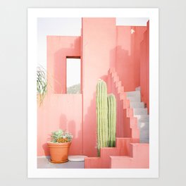 Cactus Plant on Pastel Pink | Spain Geometric Minimal Architecture Photography | Europe Post Modern Building Muralla Roja  Art Print