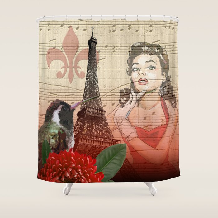 Retro Pinup Girl Vintage Paris Collage Shower Curtain By Retro Pinup Girl Vintage Paris Collage Shower Curtain