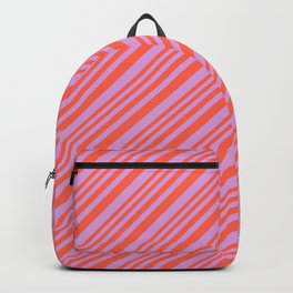 [ Thumbnail: Red and Plum Colored Pattern of Stripes Backpack ]