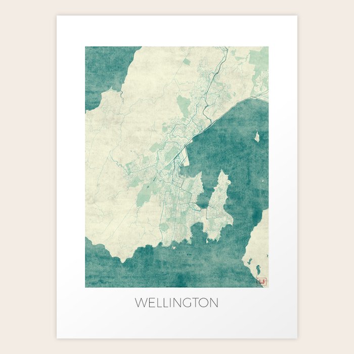 Wellington Map Blue Vintage Art Print by City Art Posters Society6