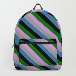 [ Thumbnail: Vibrant Plum, Dark Grey, Blue, Black & Green Colored Stripes Pattern Backpack ]
