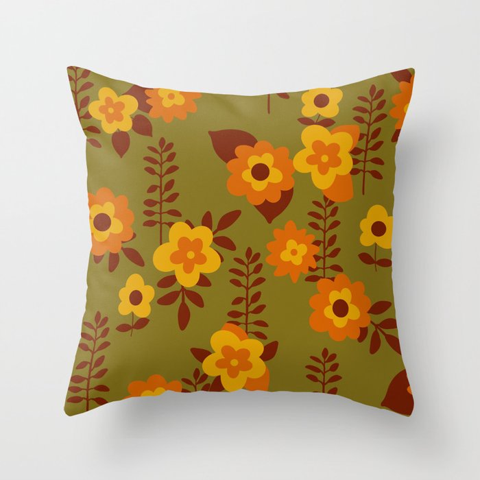 Retro 60S spring orange floral print Throw Pillow
