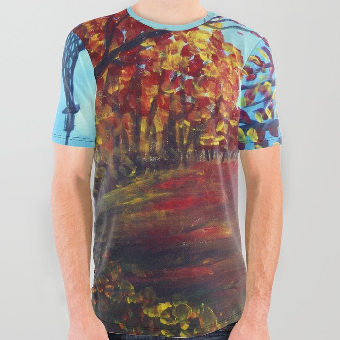 Autumn leaves, Eiffel Tower, Paris, France colorful landscape painting All Over Graphic Tee
