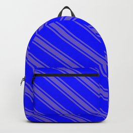[ Thumbnail: Blue and Slate Blue Colored Striped/Lined Pattern Backpack ]