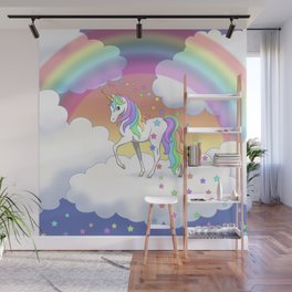 Pretty Rainbow Unicorn and Stars Wall Mural