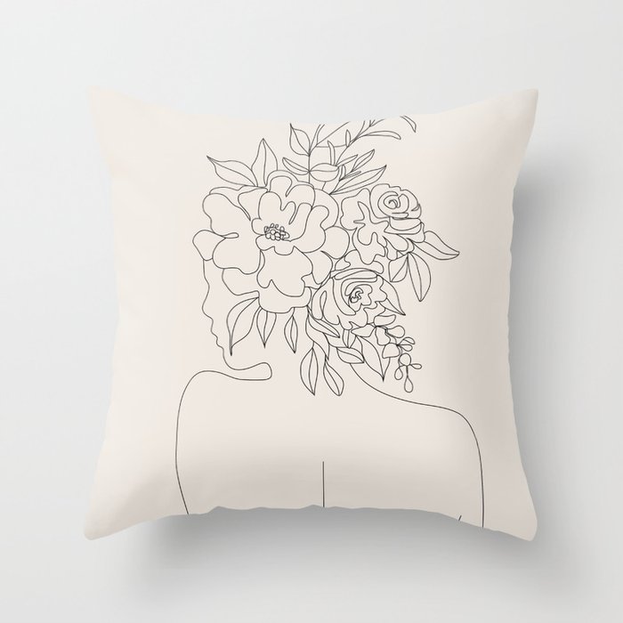 Woman with Flowers Minimal Line I Throw Pillow