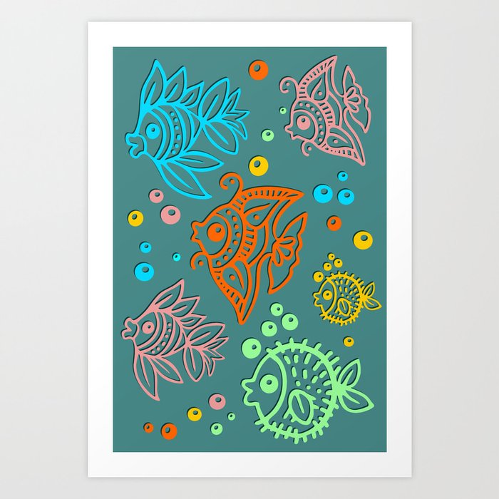 Fishes Batik Style Seamless Pattern Art Print