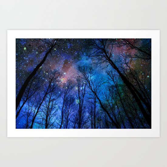 Black Trees Dark Blue Space Art Print