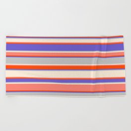 [ Thumbnail: Eye-catching Slate Blue, Grey, Beige, Salmon, and Red Colored Striped Pattern Beach Towel ]