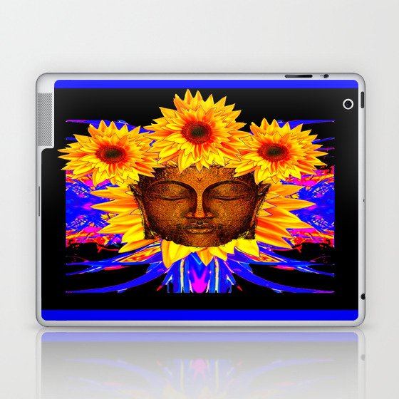Bronze Buddha Head & Sunflowers Black-Yellow-BLue Abstract Laptop & iPad Skin