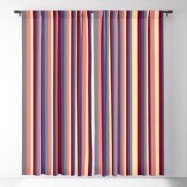[ Thumbnail: Eyecatching Grey, Dark Slate Blue, Maroon, Beige, and Light Coral Colored Striped Pattern Blackout Curtain ]