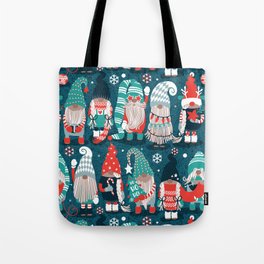Let it gnome // dark teal background little Santa's helpers preparing for Christmas neon red mint dark green and duck egg blue dressed gnomes Tote Bag