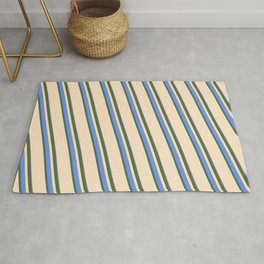 [ Thumbnail: Dark Olive Green, Bisque, and Cornflower Blue Colored Stripes Pattern Rug ]