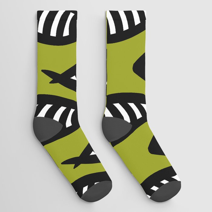 Abstract black and white fish pattern Lime green Socks