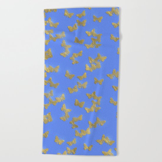 Golden butterflies on blue backround- Beautiful pattern Beach Towel