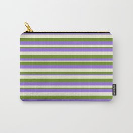 [ Thumbnail: Green, Purple, and Beige Colored Lines Pattern Carry-All Pouch ]