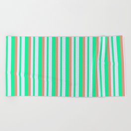 [ Thumbnail: Dark Salmon, Green & Lavender Colored Striped/Lined Pattern Beach Towel ]