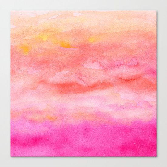 Bright pink orange sunset watercolor hand painted Canvas Print