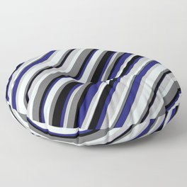 [ Thumbnail: Vibrant Grey, Light Cyan, Dim Grey, Black, and Midnight Blue Colored Striped/Lined Pattern Floor Pillow ]