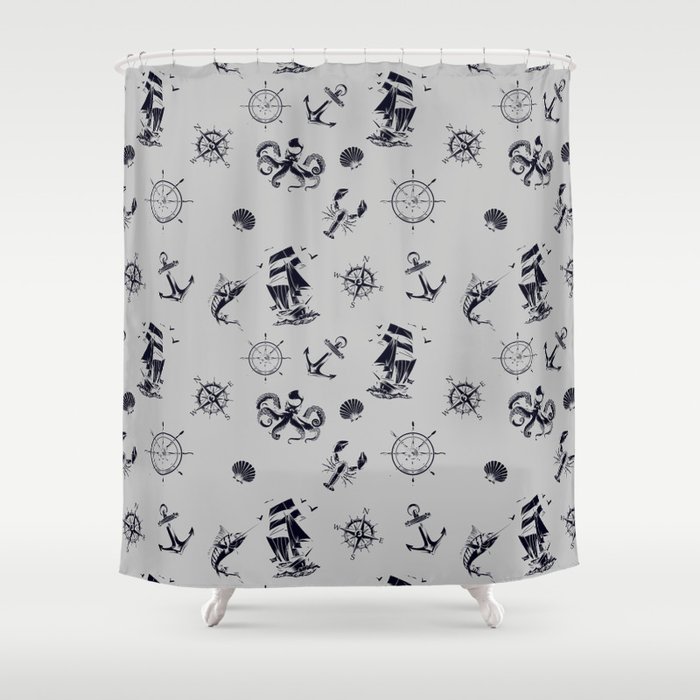 Light Grey And Blue Silhouettes Of Vintage Nautical Pattern Shower Curtain