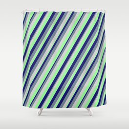 [ Thumbnail: Light Grey, Green, Midnight Blue, and Light Slate Gray Colored Stripes/Lines Pattern Shower Curtain ]