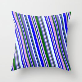 [ Thumbnail: Colorful Plum, Blue, Light Cyan, Slate Blue & Dark Green Colored Striped/Lined Pattern Throw Pillow ]