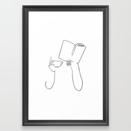 Book & Coffee Framed Art Print | Hands, Read, Girl, Ink Pen, Drawing, Lines, Book, Graphicdesign, Woman, Line 