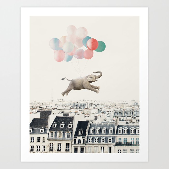 Elephant and balloons in Paris Art Print