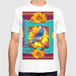 Decorative Ornate  Burgundy-Blue Jay Sunflowers T Shirt