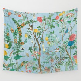 Chinoiserie Pastel Blue Floral Bird Garden II Wall Tapestry