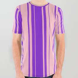 [ Thumbnail: Purple & Pink Colored Stripes/Lines Pattern All Over Graphic Tee ]