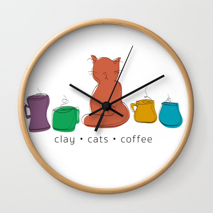 colorful line art clay cats coffee Wall Clock
