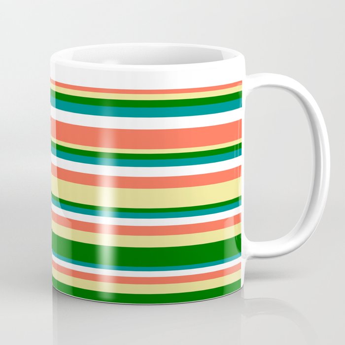 Eyecatching Red, Tan, Dark Green, Teal, and White Colored Stripes/Lines Pattern Coffee Mug