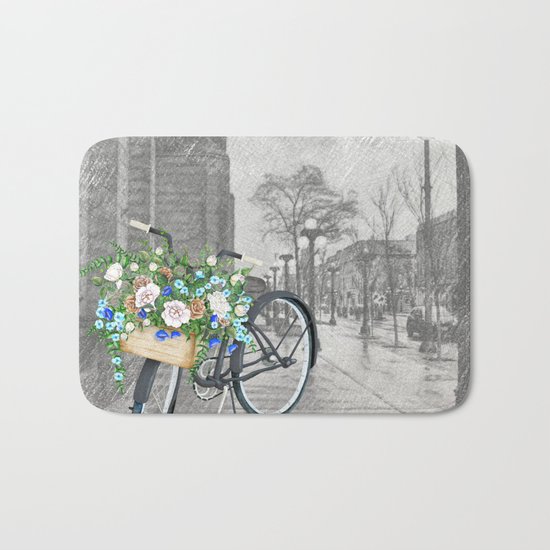 Black bike & street sketch Bath Mat