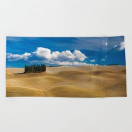 Hills of Tuscany, Italy with clouds and strand of stone pines color landscape photograph / photography for home and wall decor Beach Towel