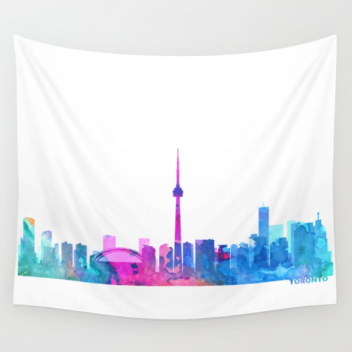 Toronto Skyline Watercolor Blue Orange Pink Purple Green Cityscape Toronto Canada City Skyline Wall Tapestry