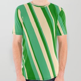 [ Thumbnail: Sea Green, Green & Beige Colored Striped/Lined Pattern All Over Graphic Tee ]
