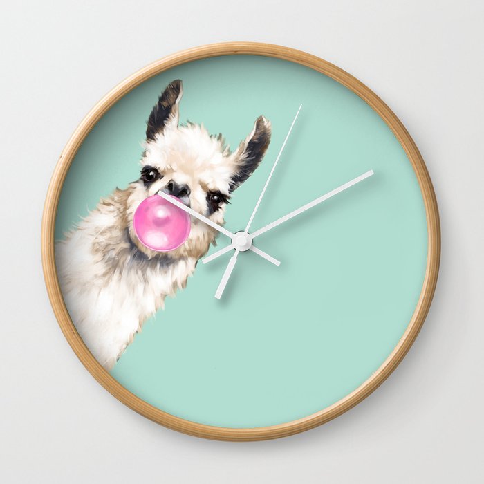 Bubble Gum Sneaky Llama in Green Wall Clock
