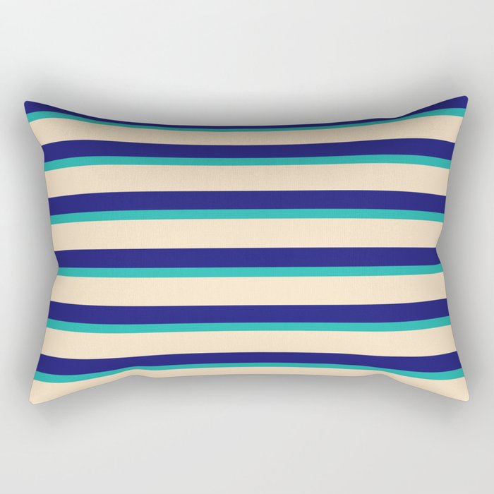 Light Sea Green, Bisque, and Midnight Blue Colored Striped Pattern Rectangular Pillow