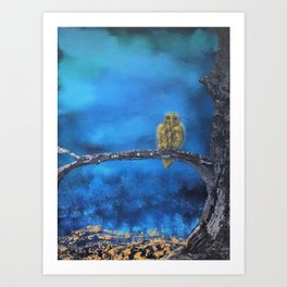 Owlie- The protector of the Forest Art Print | Forest, Painting, Protector, Aura, Tree, Gray, Gold, Majestic, Oil, Healer 
