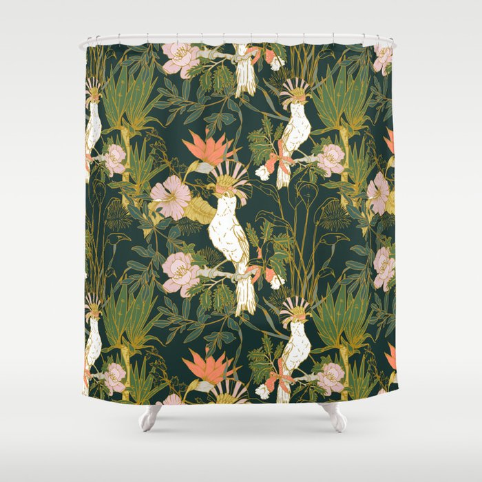 Drawing of exotic birds in the dark jungle Shower Curtain