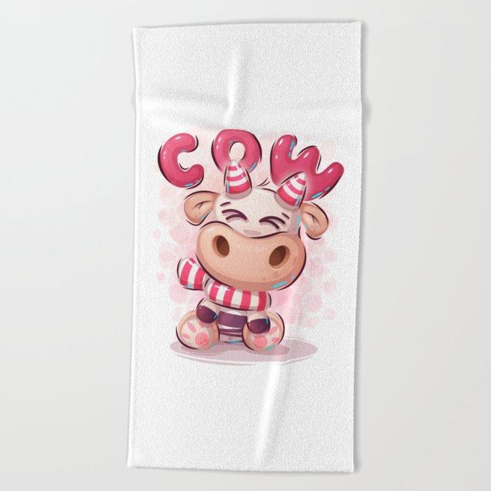 Cute Funny Cartoon Cow Character Pink Animal Illustration Beach Towel