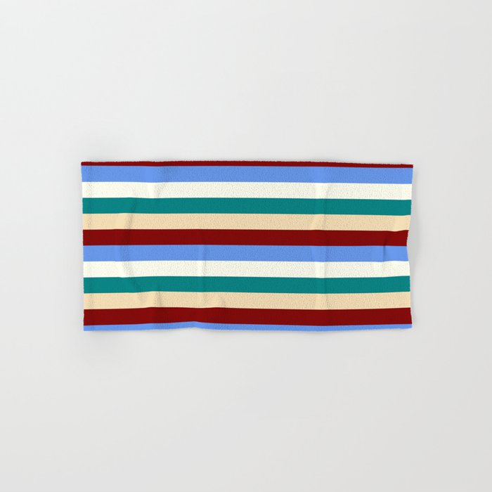 Colorful Maroon, Cornflower Blue, Ivory, Teal & Tan Stripes/Lines Pattern Hand & Bath Towel